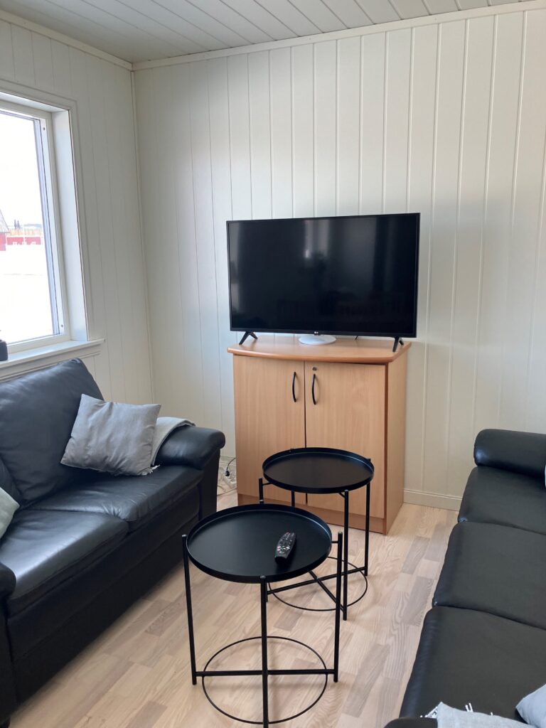Bilde av stue i hytte 6. Sofa, to små bord og tv på en tv-benk.